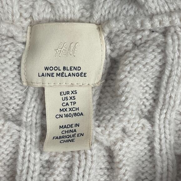 H&M Beige Cable Knit 1/4 Zip Cropped Sweater Sz XS Wool Oversized Ski Boho Snow - Picture 7 of 7